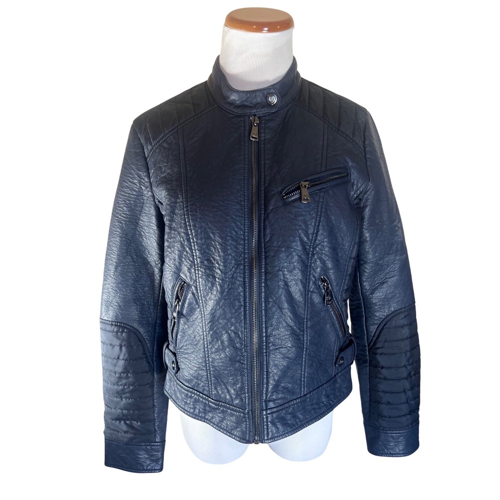 Navy Blue Faux Leather Military Capsule Quilted Motorcycle‎ Jacket Medium